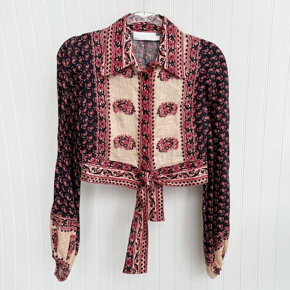 Zimmermann Jaya Cropped Tie Front Printed Linen Blouse Top Red Black Size 0 XS - Picture 1 of 7